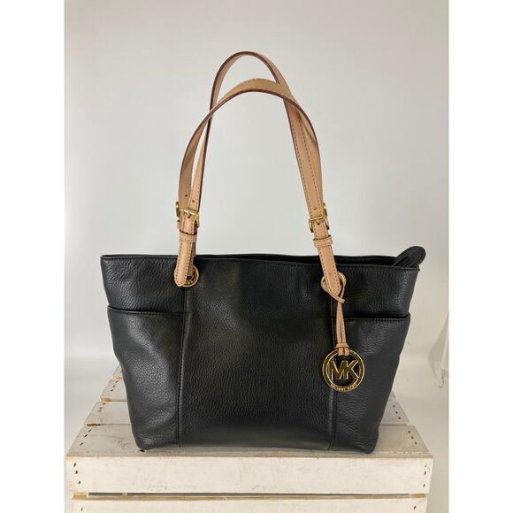 Michael Kors Handbags - MICHAEL KORS, BLACK, TAN PEBBLED LEATHER SHOULDER BAG